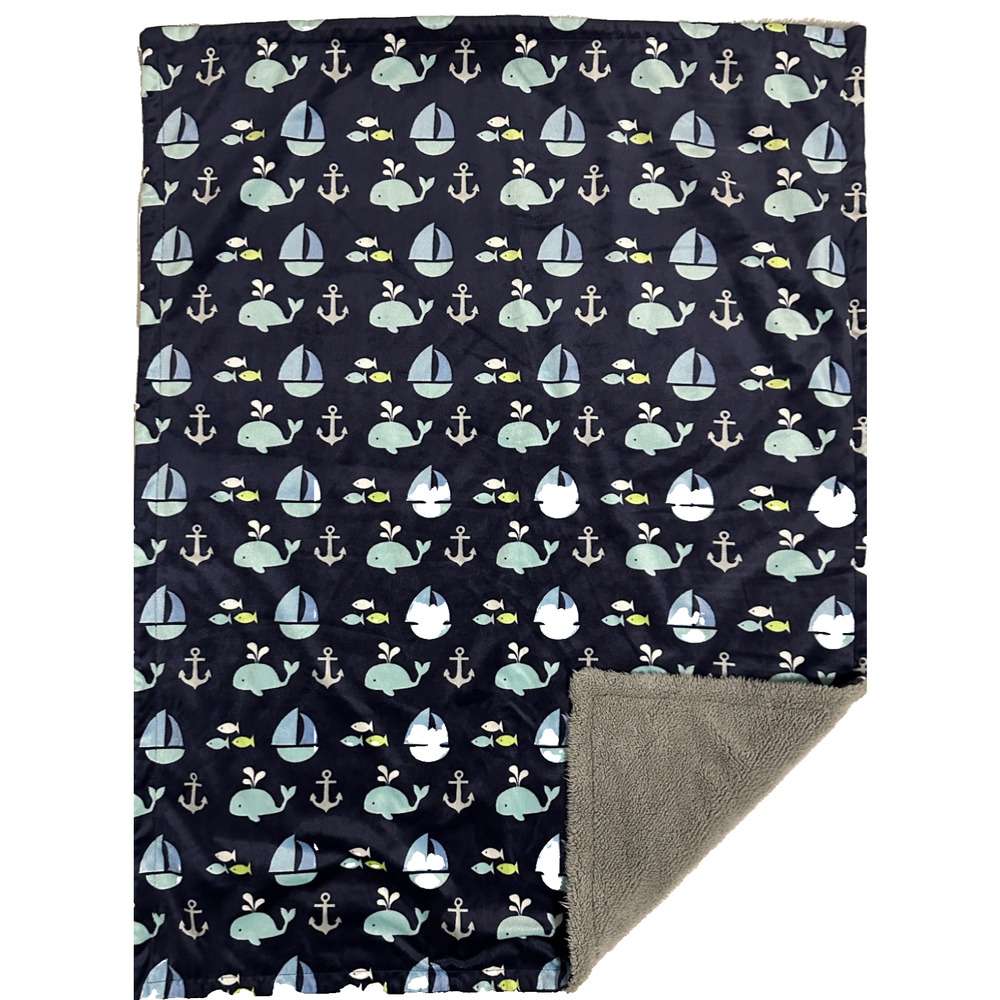 Luvable Friends Blue Gray Nautical Whale Fish Anchor Boat Baby Blanket Sherpa